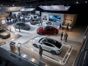 Professionals at a dealership expo highlighting the scale of automotive contract management across vehicle and service operations