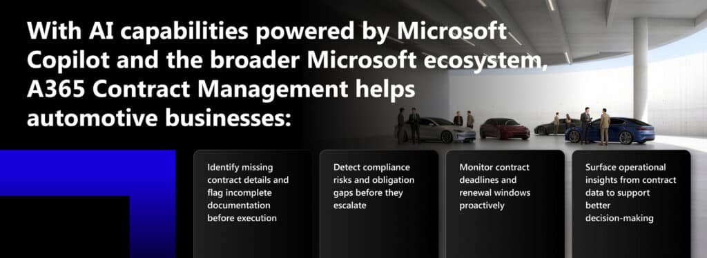 A365 Contract Management powered by Microsoft Copilot helping automotive businesses detect compliance risks and monitor contract renewals