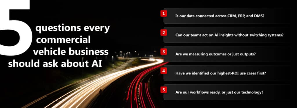 Five questions every commercial vehicle business should ask about AI readiness including data connectivity, workflow integration, and ROI use cases