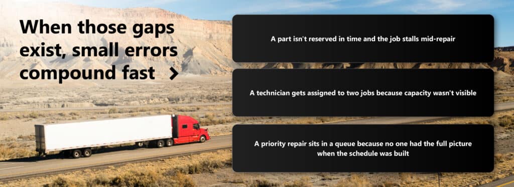 Graphic listing three compounding errors caused by service center information gaps, overlaid on a red truck driving through a desert highway