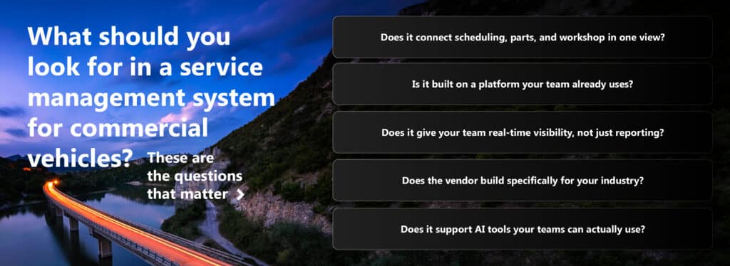 Graphic listing five evaluation questions for choosing a commercial vehicle service management system, overlaid on a long-exposure photo of a bridge at twilight