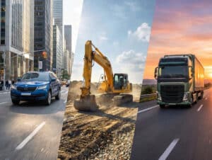 Split banner image showing a car in city traffic, an excavator on a construction site, and a truck on the highway at sunset, representing the automotive, equipment, and trucks-and-buses industries served by A365 evergreen software.